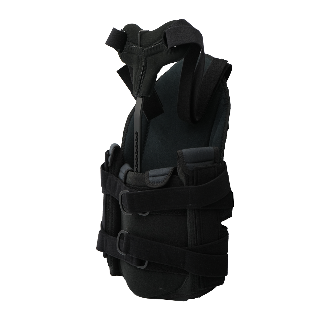 Black short front TLSO brace with adjustable straps and padded support, made in the USA, RCAI quality, ideal for B2B.