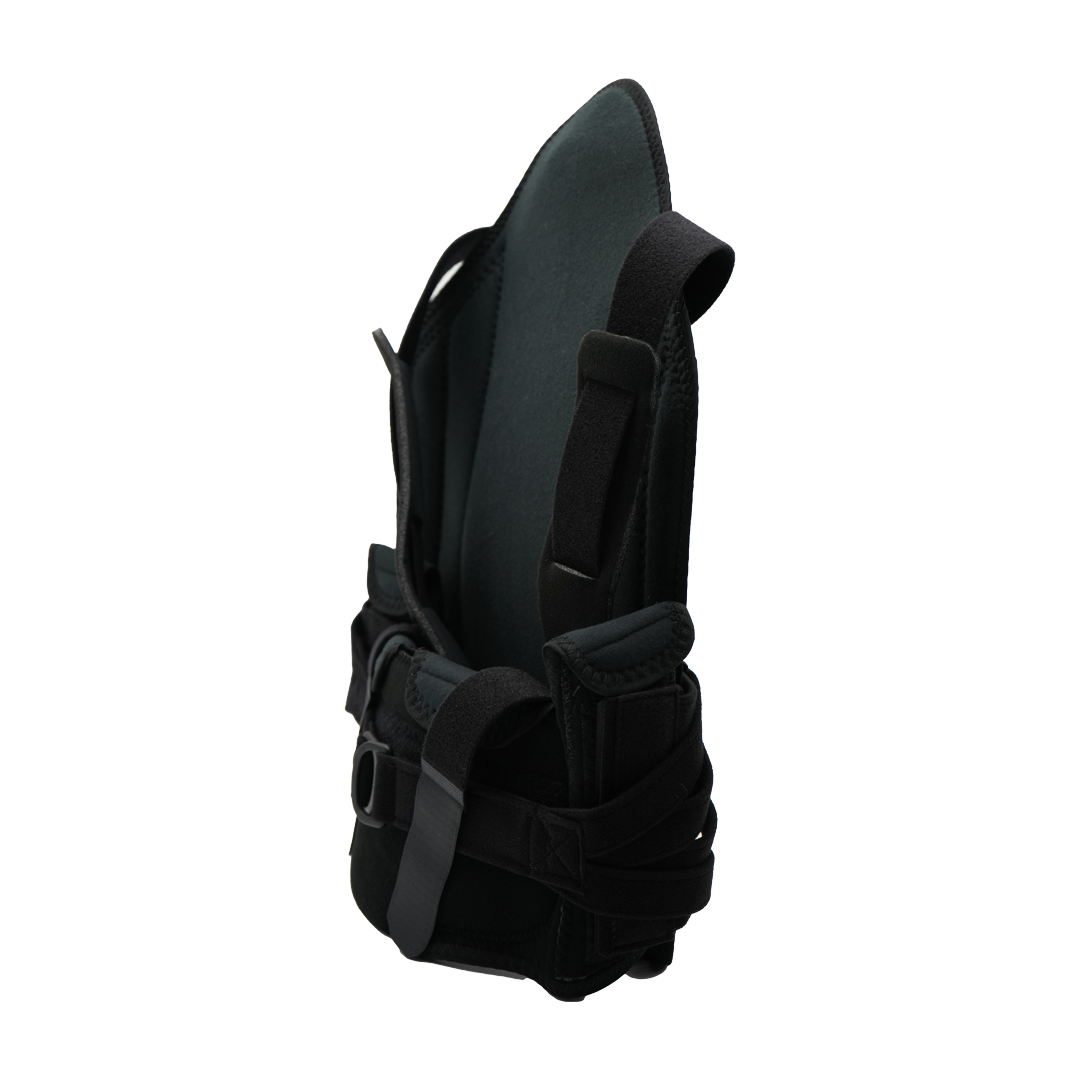Black RCAI TLSO short front version back brace with adjustable straps, buckle closures, and contoured rigid support, made in .