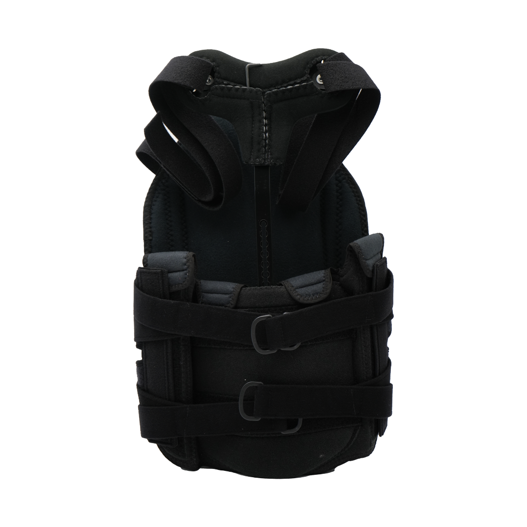 Black Short Front TLSO brace with adjustable straps and padded support, designed for ergonomic fit, made in the USA, ideal.