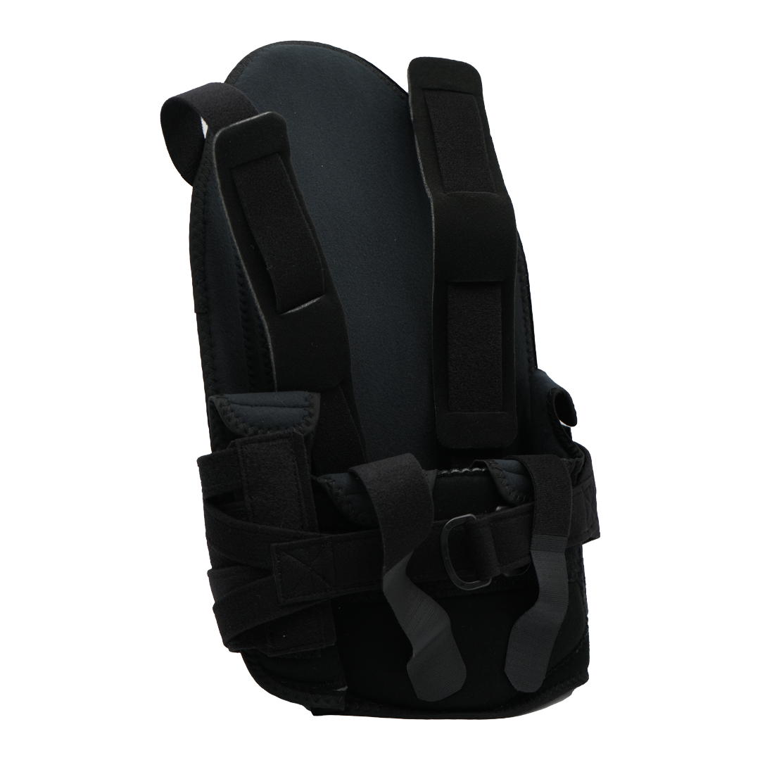 Black RCAI TLSO short front orthopedic brace with adjustable straps, sturdy back panel, and buckles, made in the USA, ideal.