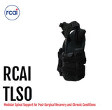 Black short front TLSO spinal brace with multiple adjustable straps and padded support, made in the USA by RCAI, best.
