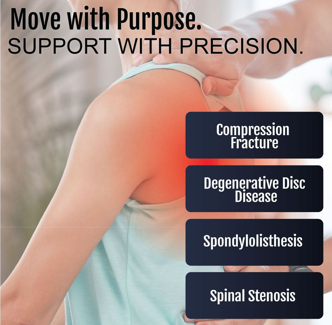 Short front TLSO orthopedic brace in light beige, worn on torso under arm, highlighting back support, made in the USA, RCAI, .