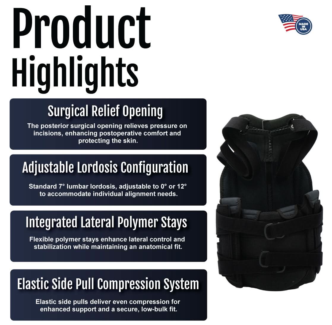 Black Short Front TLSO brace with adjustable lordosis settings, elastic side pull compression straps, and integrated lateral .