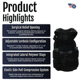 Black Short Front TLSO brace with adjustable lordosis settings, elastic side pull compression straps, and integrated lateral .