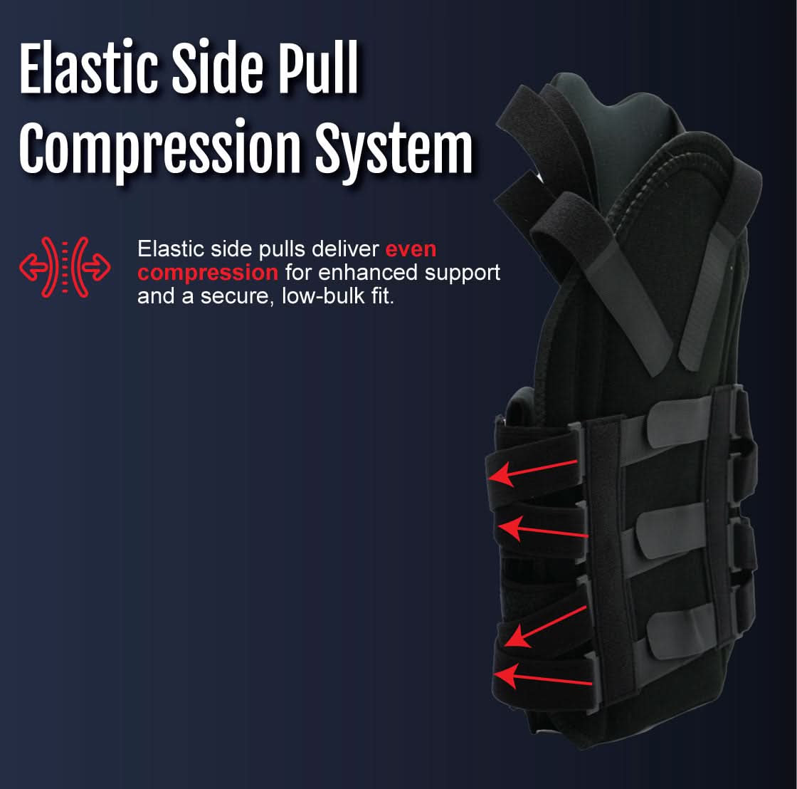 Black Short Front TLSO brace with elastic side pull compression system, adjustable straps, made in the USA, best orthopedic.