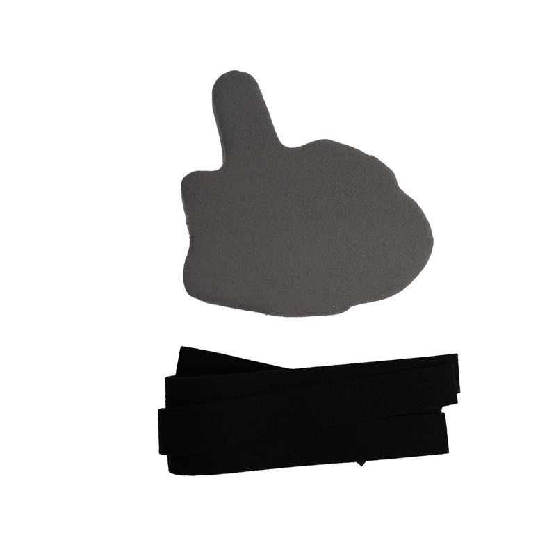 Gray foam hand-shaped orthosis accessory pad with black adjustable straps below on white background.