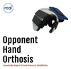 Black and gray Opponent Hand Orthosis with blue padded strap, adjustable Velcro closures, made in the USA by RCAI, best.