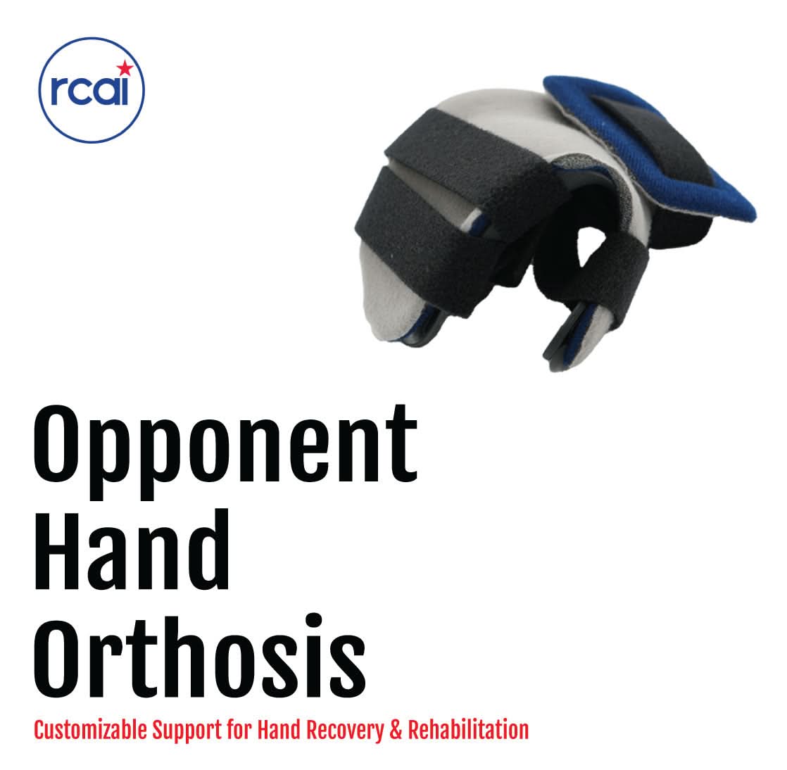 Black and blue Opponent Hand Orthosis with adjustable straps, designed for hand support and made in the USA by RCAI, ideal.