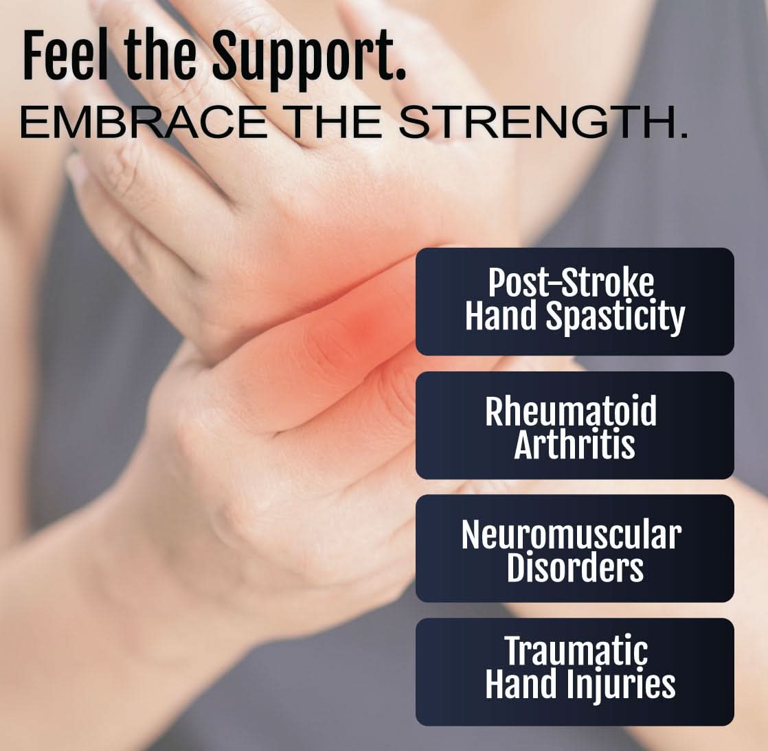 Hand orthosis brace on a raised wrist, showcasing wrist and thumb support with black straps and rigid splint; text.