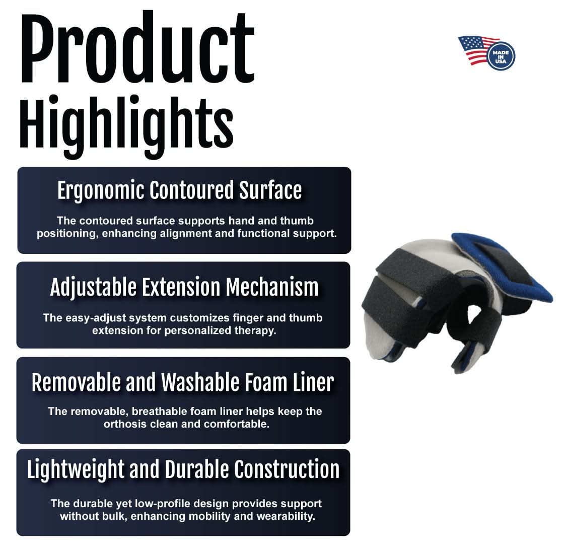 Orthotic hand brace with ergonomic contoured black surface, adjustable extension mechanism, removable foam liner,.