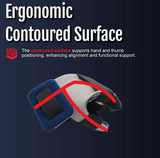 Ergonomic gray and navy hand orthosis with contoured surface for thumb and hand support, RCAI made in the USA, best.