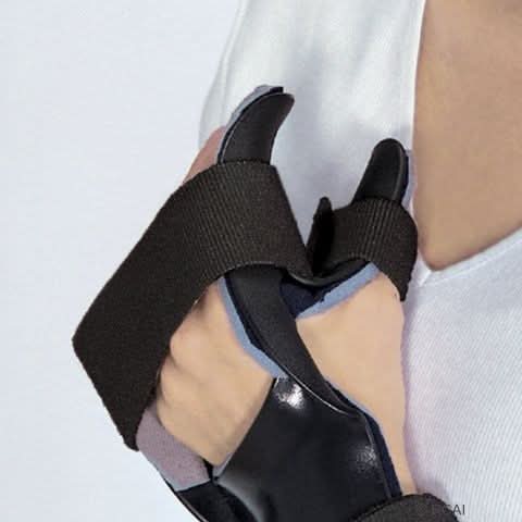 RCAl dorsal resting hand orthosis in black with finger separators, adjustable straps, contoured splint, made in the USA,.