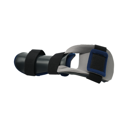 Dorsal resting hand orthosis in black and gray with blue trim, adjustable black straps, made in the USA, RCAI quality, best.