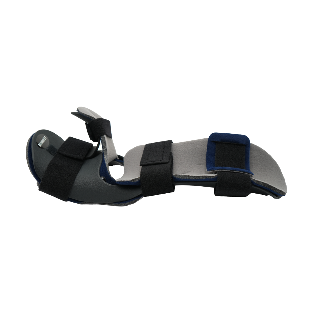 Dorsal resting hand orthosis in black and gray with adjustable black straps and blue padded wrist support, made in the USA,.