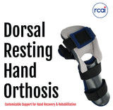 Gray and black dorsal resting hand orthosis with adjustable black straps and blue trim, made in the USA, RCAI logo visible,.