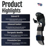 Dorsal resting hand orthosis with adjustable black straps and rigid support splint, tailored fit, made in the USA, best.