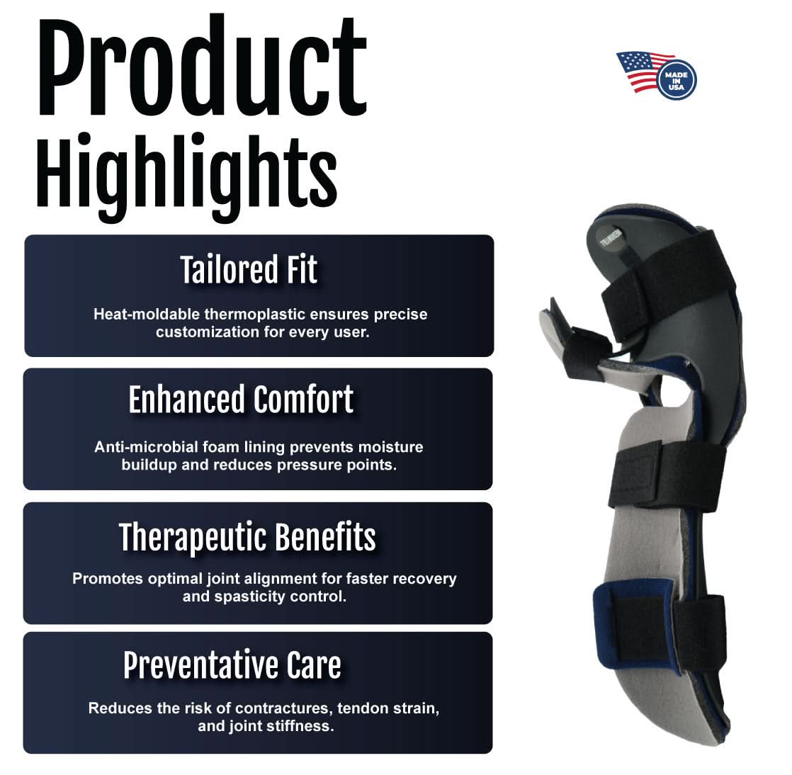 Dorsal resting hand orthosis with adjustable black straps and rigid support splint, tailored fit, made in the USA, best.