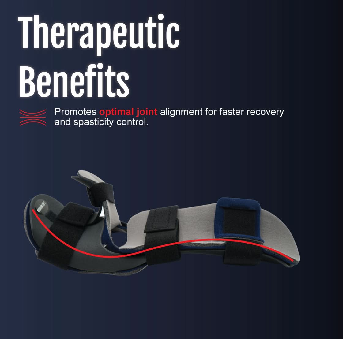 Black and gray Dorsal Resting Hand Orthosis with adjustable straps and contoured support, highlighting therapeutic benefits.