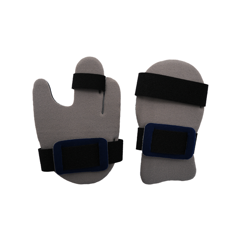 Pair of gray padded gloves with black and blue adjustable straps, contoured for hand support, made in the USA.