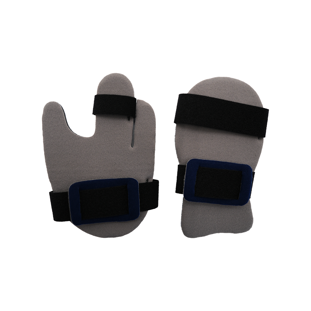 Pair of gray padded dorsal hand orthosis splints with black and blue adjustable Velcro straps.