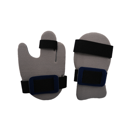 Pair of gray dorsal resting hand orthoses with black and blue adjustable straps, made in the USA, best orthopedic braces by.