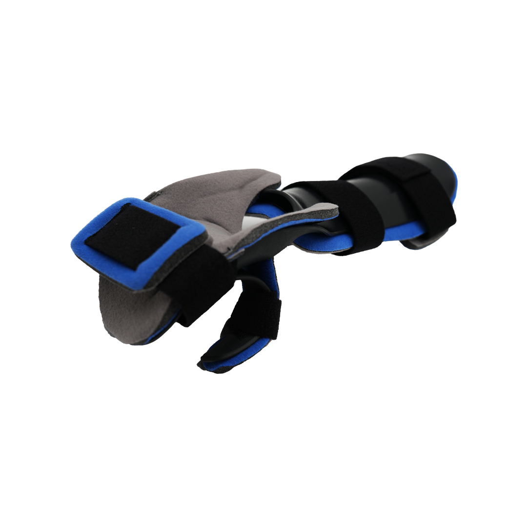 RCAI dorsal resting hand orthosis in gray and blue with black adjustable straps and finger separators, made in the USA, best .
