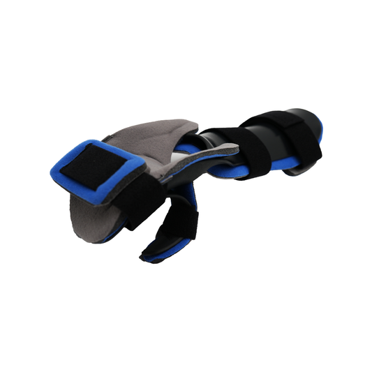 RCAI dorsal resting hand orthosis in gray and blue with black finger separators and adjustable straps, made in the USA, best .