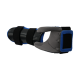 Gray and blue RCAI dorsal resting hand orthosis with black finger separators and adjustable black straps, made in the USA,.