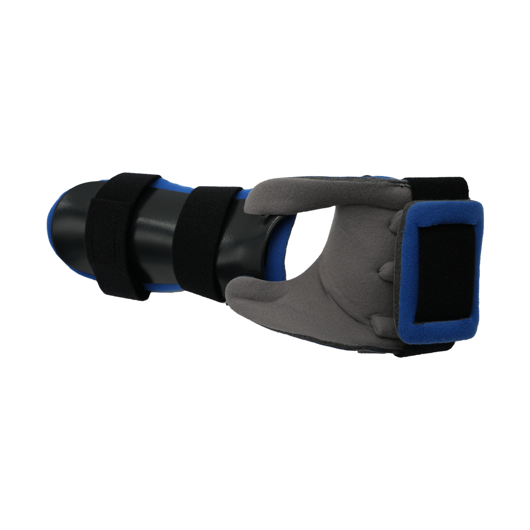 Gray and blue RCAI dorsal resting hand orthosis with black finger separators and adjustable black straps, made in the USA,.
