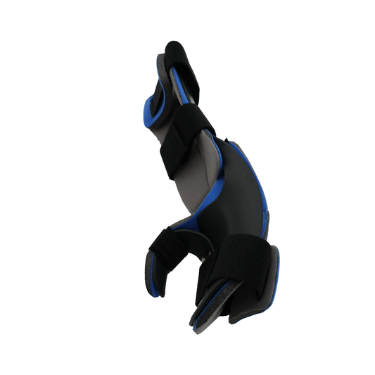 Black and blue RCAI dorsal resting hand orthosis with padded finger separators and adjustable Velcro straps, made in the.