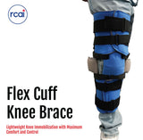 Blue and black Flex Cuff Knee Brace with adjustable straps and cushioned padding, made in the USA by RCAI, top choice for.