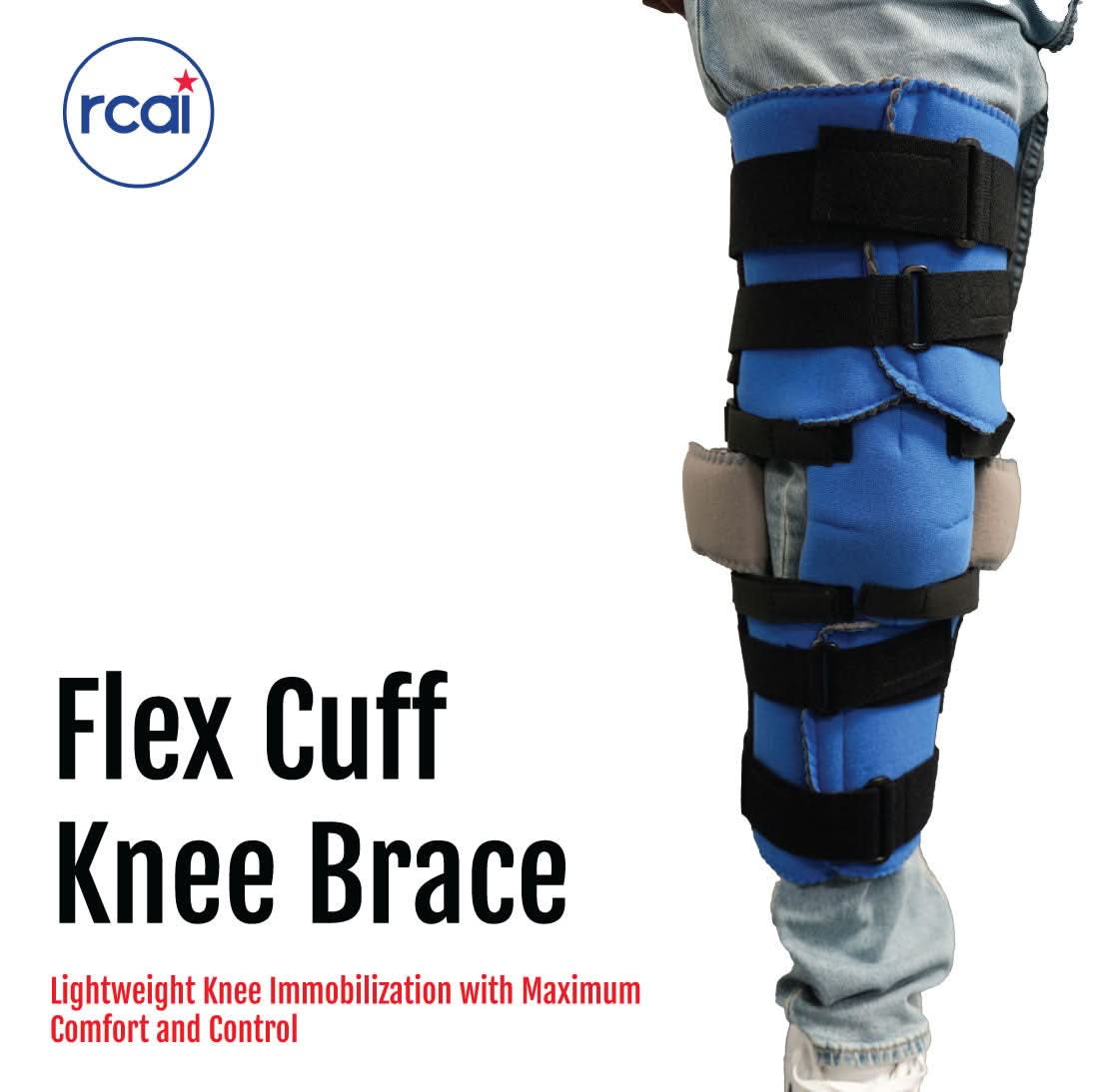 Blue and black Flex Cuff Knee Brace with adjustable straps and cushioned padding, made in the USA by RCAI, top choice for.