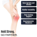 Person holding knee with red highlighted area, text listing knee sprains, patellar instability, post-casting support,.