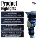 Black and blue Flex Cuff Knee brace with open popliteal area, hook-and-loop closures, padded interior lining, made in the.