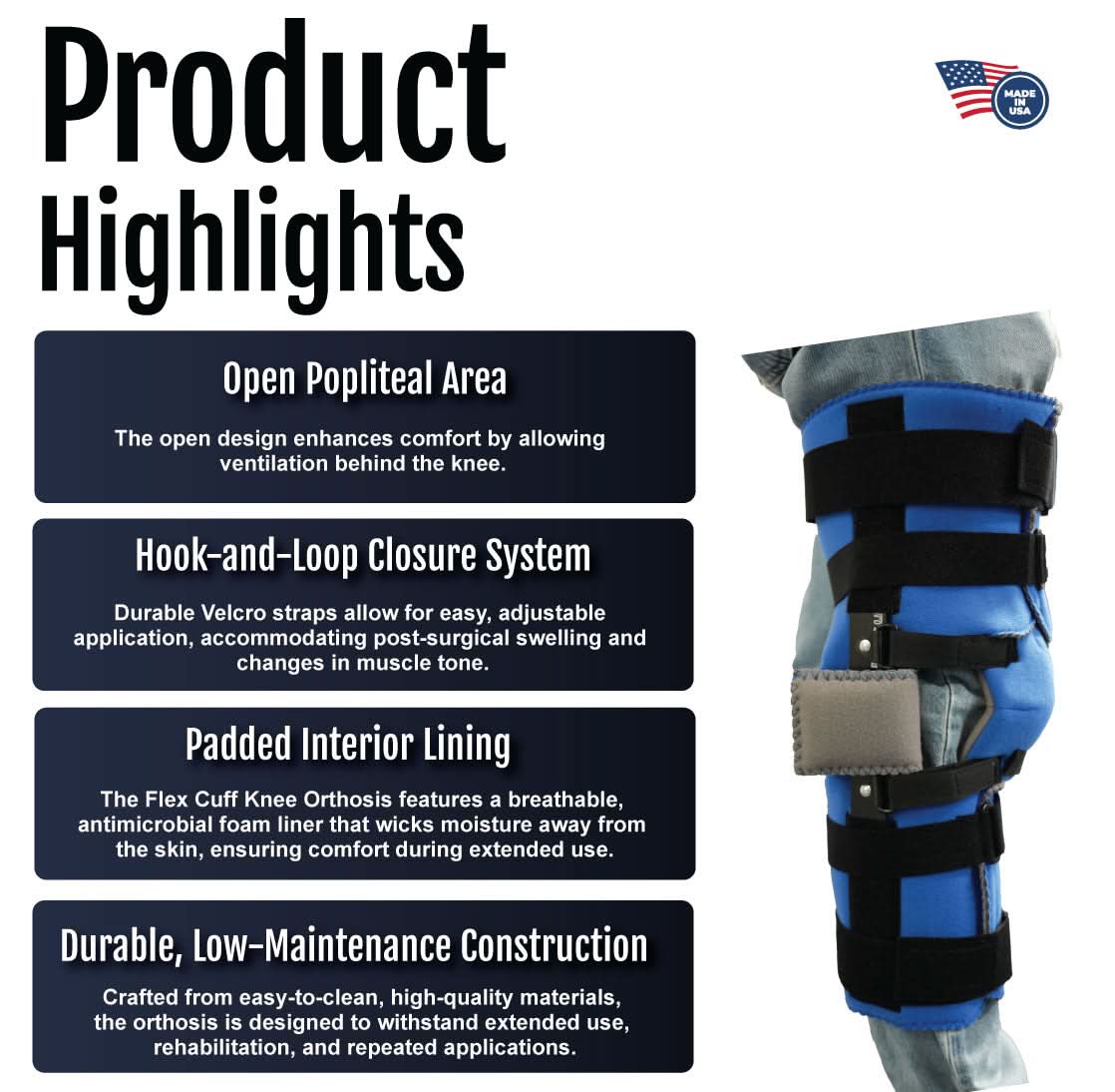 Black and blue Flex Cuff Knee brace with open popliteal area, hook-and-loop closures, padded interior lining, made in the.