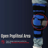 Blue Flex Cuff Knee brace with open popliteal area, black adjustable straps, worn over jeans, made in the USA, best.