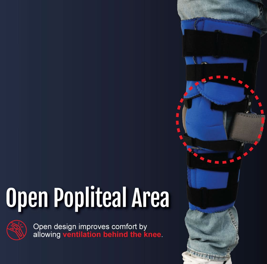 Blue Flex Cuff Knee brace with open popliteal area, black adjustable straps, worn over jeans, made in the USA, best.