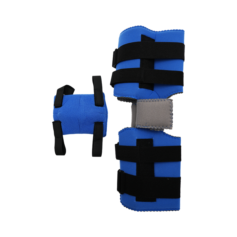 Blue neoprene knee accessory kit with black adjustable straps and a gray padded section, designed for support and.