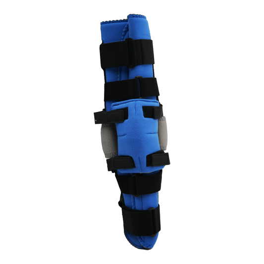 Blue Flex Cuff Knee brace with black adjustable straps and padded gray side supports, made in the USA, RCAI, best orthopedic .