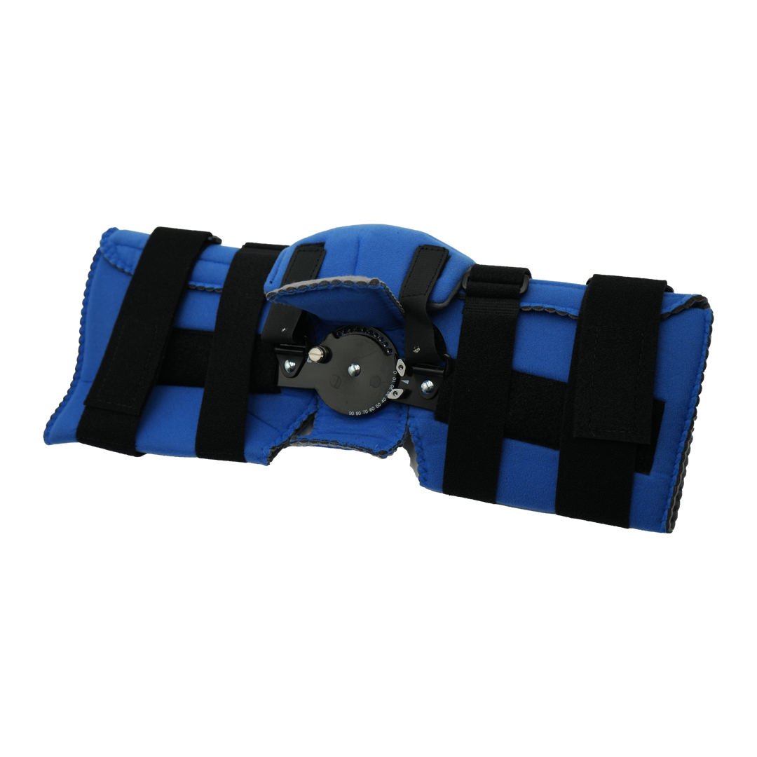 Blue Flex Cuff Knee brace with adjustable black straps and metal hinge, made in the USA, best orthopedic brace for B2B.