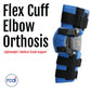 Adjustable blue and black lightweight Flex Cuff elbow orthosis with multiple straps and hinges, made in the USA, best.