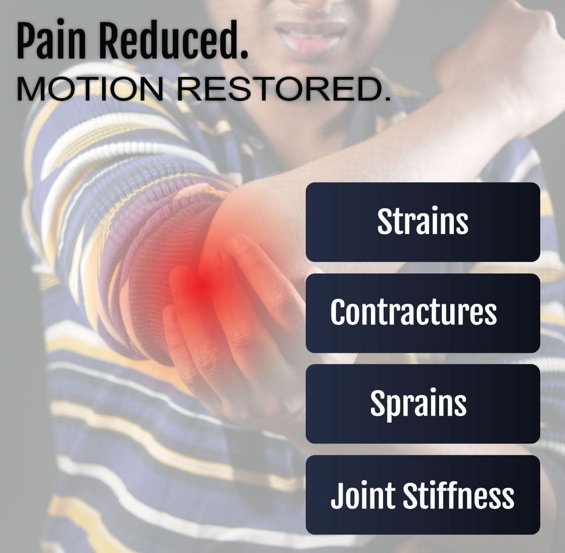 Adjustable blue and gray flexible elbow brace worn on a bent arm with emphasis on pain relief for strains, contractures,.