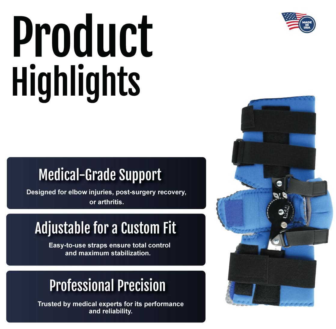 Blue and black Flex Cuff Elbow Orthosis with adjustable straps and metal hinges, medical-grade support, made in the USA,.
