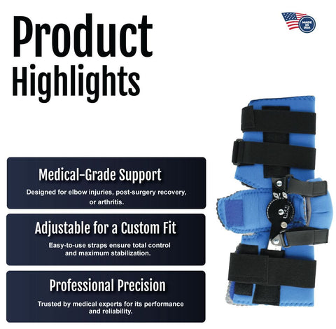 Blue and black Flex Cuff Elbow Orthosis with adjustable straps and metal hinges, medical-grade support, made in the USA,.