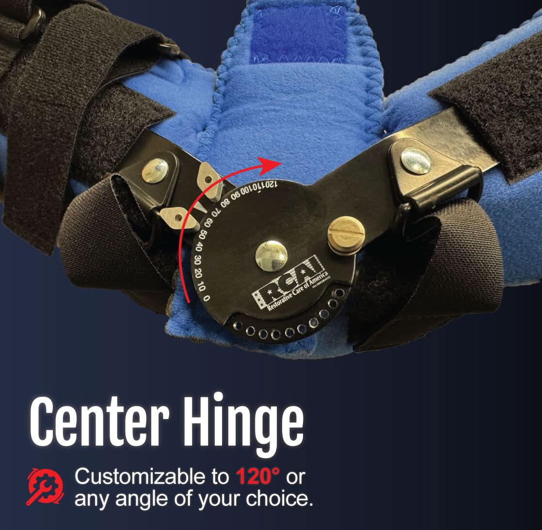 Close-up of blue and black Flex Cuff elbow orthosis with adjustable center hinge marked to 120°, featuring metal components.