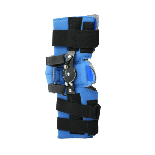 Blue lightweight Flex Cuff elbow orthosis with black adjustable straps and metal hinge, made in the USA, best orthopedic.