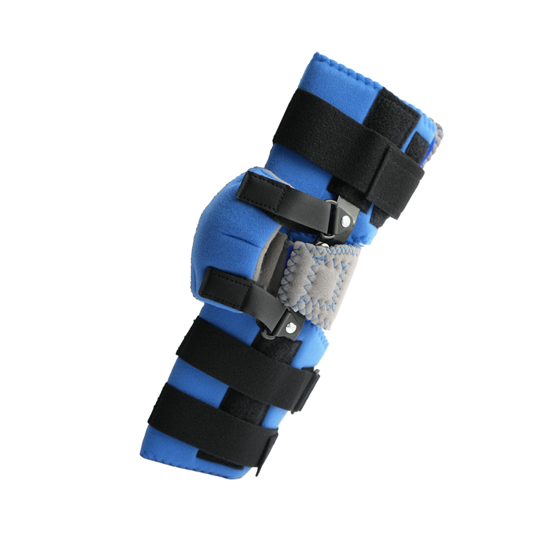Blue lightweight Flex Cuff elbow orthosis with adjustable black straps, metal hinges, and padding, made in the USA, best.