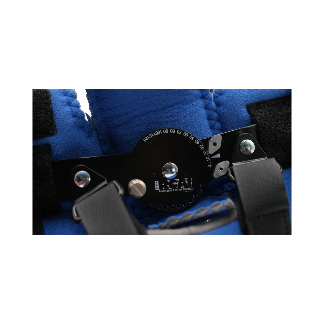 Close-up of black Flex Cuff Elbow Orthosis hinge with silver adjustment knobs and RCAI logo, made in the USA, best.