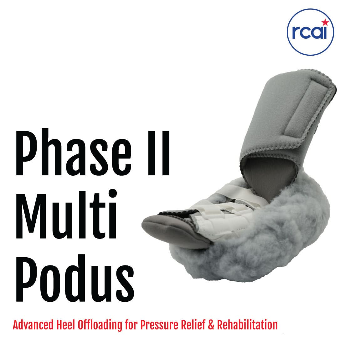 Phase II Multi Podus System orthopedic heel offloading device with soft gray cushioning and adjustable straps, featuring.
