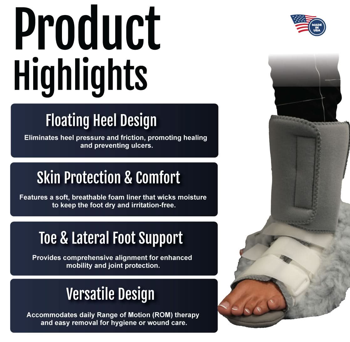 Phase II Multi Podus System orthopedic brace with floating heel design, skin protection, toe and lateral foot support, made.